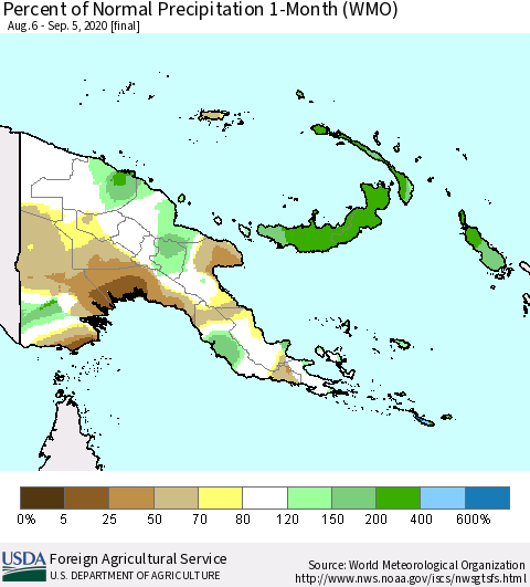 Papua New Guinea Percent of Normal Precipitation 1-Month (WMO) Thematic Map For 8/6/2020 - 9/5/2020