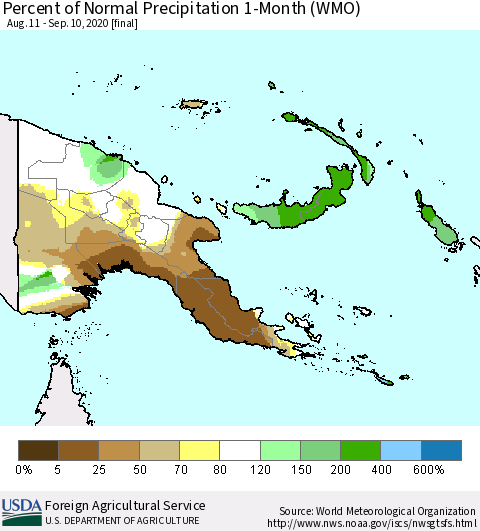 Papua New Guinea Percent of Normal Precipitation 1-Month (WMO) Thematic Map For 8/11/2020 - 9/10/2020