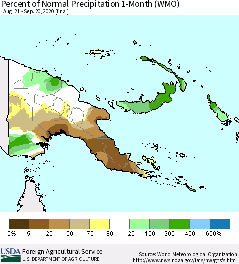 Papua New Guinea Percent of Normal Precipitation 1-Month (WMO) Thematic Map For 8/21/2020 - 9/20/2020