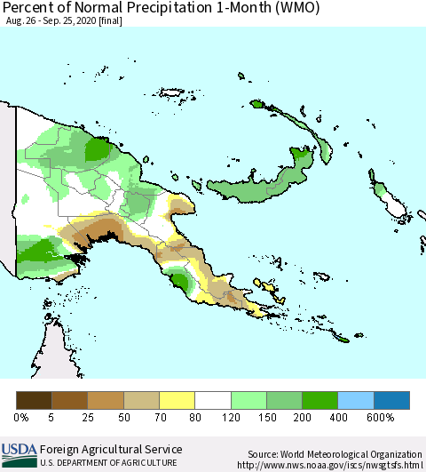 Papua New Guinea Percent of Normal Precipitation 1-Month (WMO) Thematic Map For 8/26/2020 - 9/25/2020