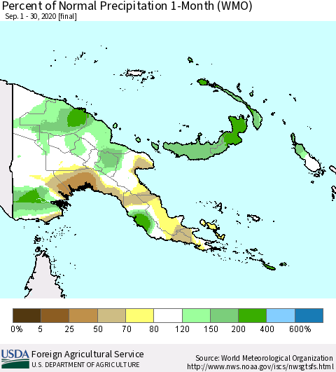 Papua New Guinea Percent of Normal Precipitation 1-Month (WMO) Thematic Map For 9/1/2020 - 9/30/2020