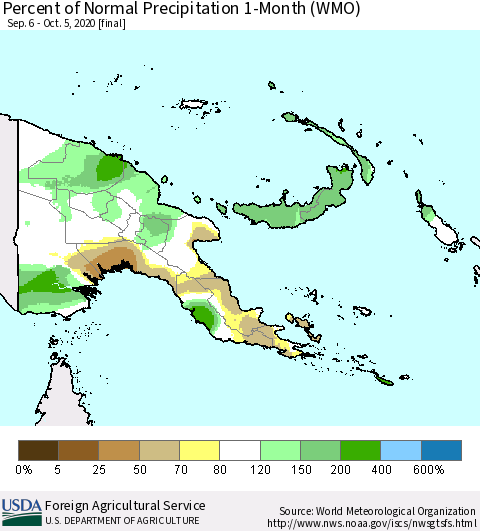 Papua New Guinea Percent of Normal Precipitation 1-Month (WMO) Thematic Map For 9/6/2020 - 10/5/2020