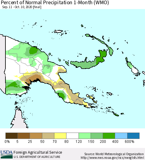 Papua New Guinea Percent of Normal Precipitation 1-Month (WMO) Thematic Map For 9/11/2020 - 10/10/2020