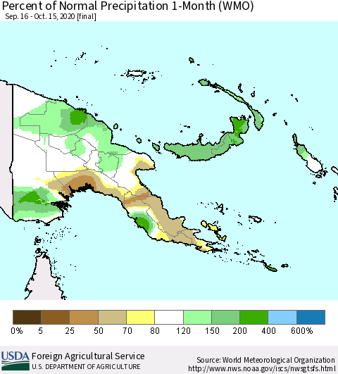 Papua New Guinea Percent of Normal Precipitation 1-Month (WMO) Thematic Map For 9/16/2020 - 10/15/2020