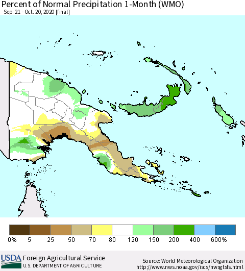 Papua New Guinea Percent of Normal Precipitation 1-Month (WMO) Thematic Map For 9/21/2020 - 10/20/2020