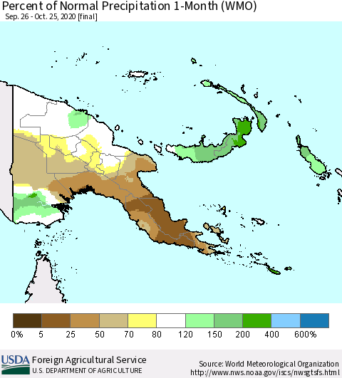 Papua New Guinea Percent of Normal Precipitation 1-Month (WMO) Thematic Map For 9/26/2020 - 10/25/2020
