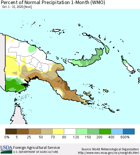 Papua New Guinea Percent of Normal Precipitation 1-Month (WMO) Thematic Map For 10/1/2020 - 10/31/2020