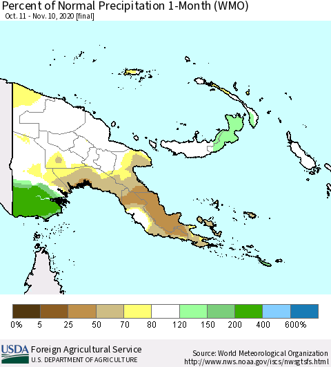 Papua New Guinea Percent of Normal Precipitation 1-Month (WMO) Thematic Map For 10/11/2020 - 11/10/2020
