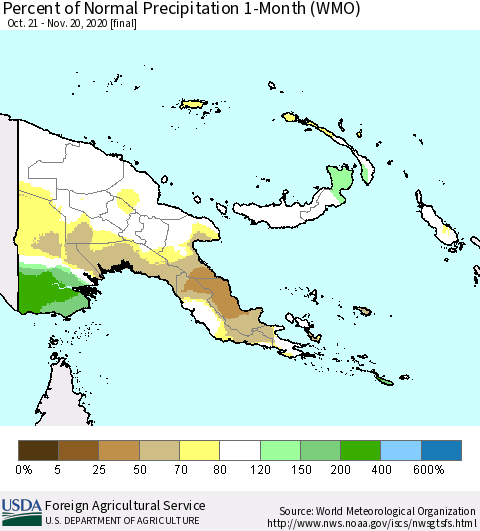 Papua New Guinea Percent of Normal Precipitation 1-Month (WMO) Thematic Map For 10/21/2020 - 11/20/2020