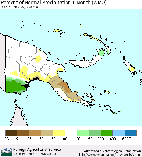 Papua New Guinea Percent of Normal Precipitation 1-Month (WMO) Thematic Map For 10/26/2020 - 11/25/2020