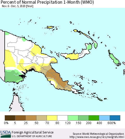 Papua New Guinea Percent of Normal Precipitation 1-Month (WMO) Thematic Map For 11/6/2020 - 12/5/2020