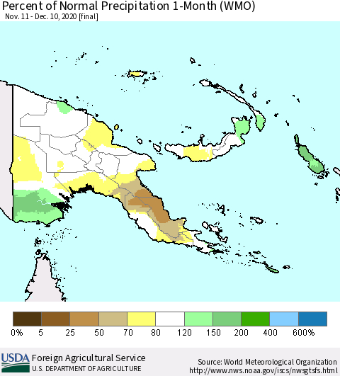 Papua New Guinea Percent of Normal Precipitation 1-Month (WMO) Thematic Map For 11/11/2020 - 12/10/2020