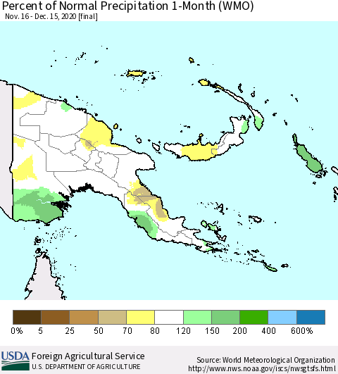 Papua New Guinea Percent of Normal Precipitation 1-Month (WMO) Thematic Map For 11/16/2020 - 12/15/2020