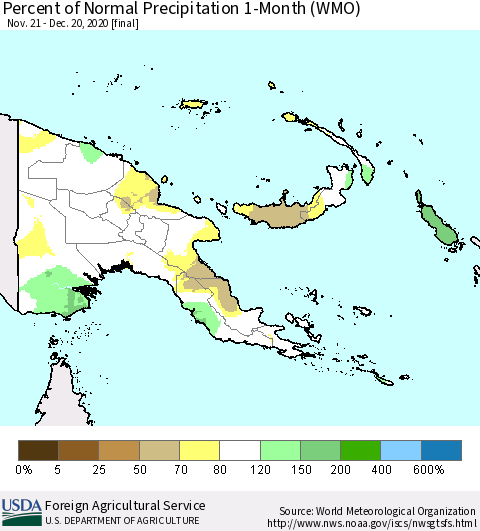 Papua New Guinea Percent of Normal Precipitation 1-Month (WMO) Thematic Map For 11/21/2020 - 12/20/2020