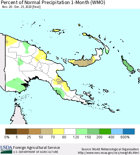 Papua New Guinea Percent of Normal Precipitation 1-Month (WMO) Thematic Map For 11/26/2020 - 12/25/2020