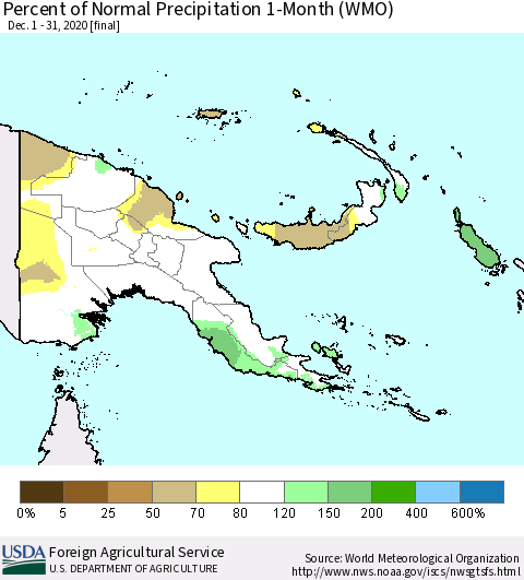 Papua New Guinea Percent of Normal Precipitation 1-Month (WMO) Thematic Map For 12/1/2020 - 12/31/2020