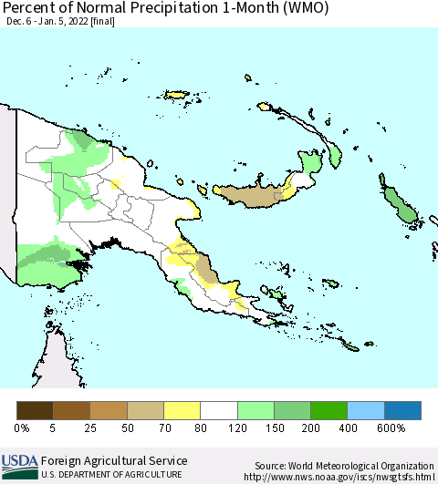 Papua New Guinea Percent of Normal Precipitation 1-Month (WMO) Thematic Map For 12/6/2021 - 1/5/2022