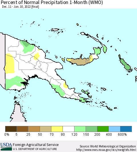 Papua New Guinea Percent of Normal Precipitation 1-Month (WMO) Thematic Map For 12/11/2021 - 1/10/2022