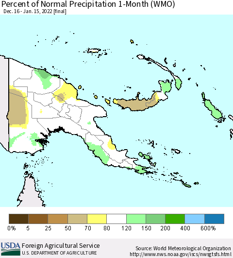 Papua New Guinea Percent of Normal Precipitation 1-Month (WMO) Thematic Map For 12/16/2021 - 1/15/2022