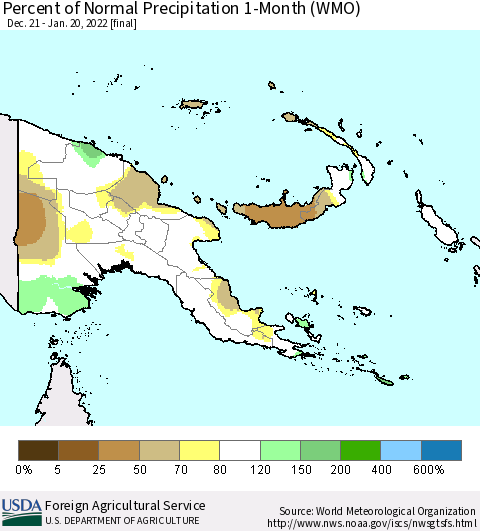 Papua New Guinea Percent of Normal Precipitation 1-Month (WMO) Thematic Map For 12/21/2021 - 1/20/2022