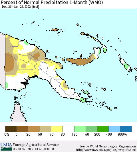 Papua New Guinea Percent of Normal Precipitation 1-Month (WMO) Thematic Map For 12/26/2021 - 1/25/2022