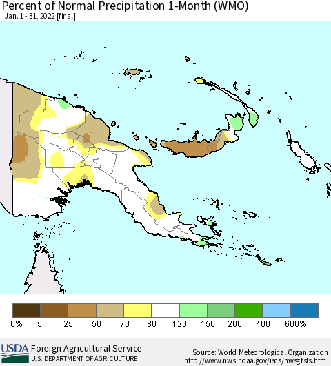 Papua New Guinea Percent of Normal Precipitation 1-Month (WMO) Thematic Map For 1/1/2022 - 1/31/2022