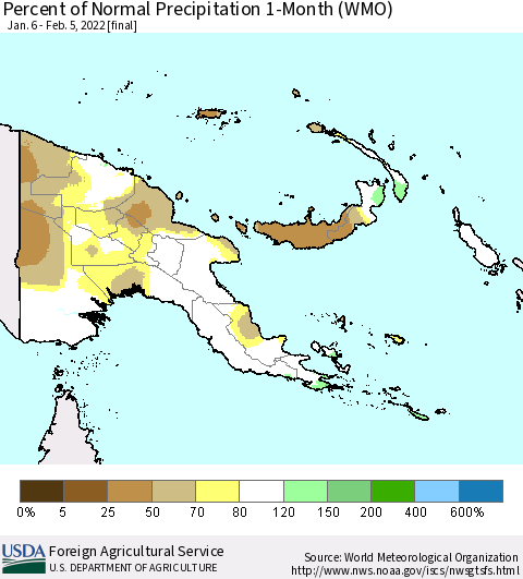 Papua New Guinea Percent of Normal Precipitation 1-Month (WMO) Thematic Map For 1/6/2022 - 2/5/2022