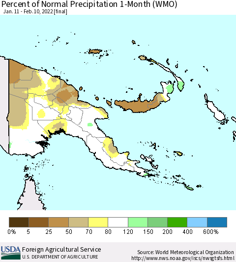 Papua New Guinea Percent of Normal Precipitation 1-Month (WMO) Thematic Map For 1/11/2022 - 2/10/2022
