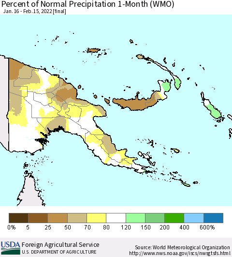 Papua New Guinea Percent of Normal Precipitation 1-Month (WMO) Thematic Map For 1/16/2022 - 2/15/2022