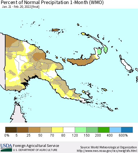 Papua New Guinea Percent of Normal Precipitation 1-Month (WMO) Thematic Map For 1/21/2022 - 2/20/2022
