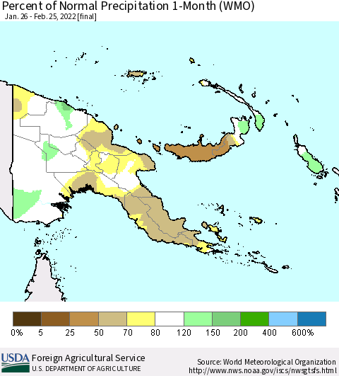 Papua New Guinea Percent of Normal Precipitation 1-Month (WMO) Thematic Map For 1/26/2022 - 2/25/2022
