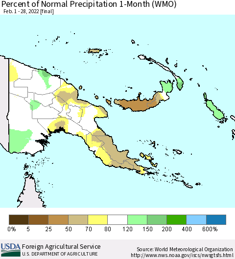 Papua New Guinea Percent of Normal Precipitation 1-Month (WMO) Thematic Map For 2/1/2022 - 2/28/2022