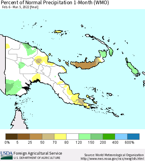 Papua New Guinea Percent of Normal Precipitation 1-Month (WMO) Thematic Map For 2/6/2022 - 3/5/2022