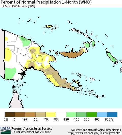 Papua New Guinea Percent of Normal Precipitation 1-Month (WMO) Thematic Map For 2/11/2022 - 3/10/2022