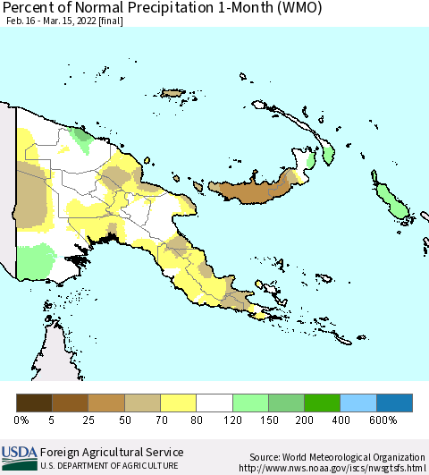 Papua New Guinea Percent of Normal Precipitation 1-Month (WMO) Thematic Map For 2/16/2022 - 3/15/2022