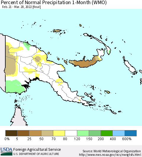 Papua New Guinea Percent of Normal Precipitation 1-Month (WMO) Thematic Map For 2/21/2022 - 3/20/2022