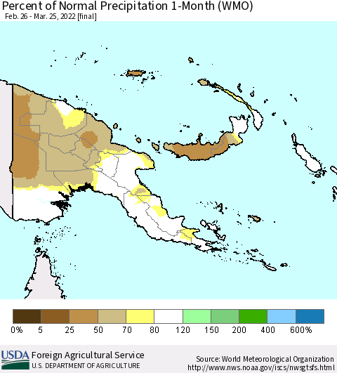 Papua New Guinea Percent of Normal Precipitation 1-Month (WMO) Thematic Map For 2/26/2022 - 3/25/2022