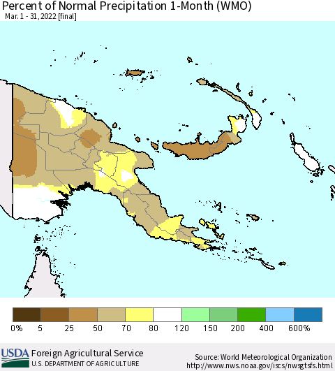 Papua New Guinea Percent of Normal Precipitation 1-Month (WMO) Thematic Map For 3/1/2022 - 3/31/2022