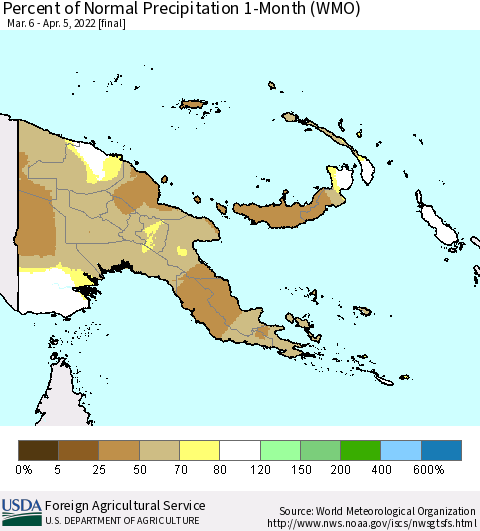 Papua New Guinea Percent of Normal Precipitation 1-Month (WMO) Thematic Map For 3/6/2022 - 4/5/2022