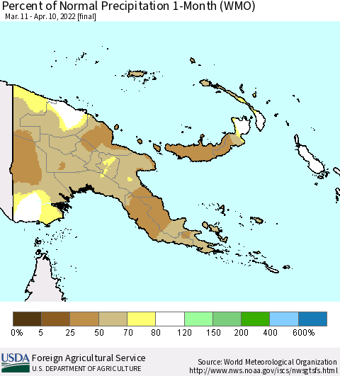 Papua New Guinea Percent of Normal Precipitation 1-Month (WMO) Thematic Map For 3/11/2022 - 4/10/2022
