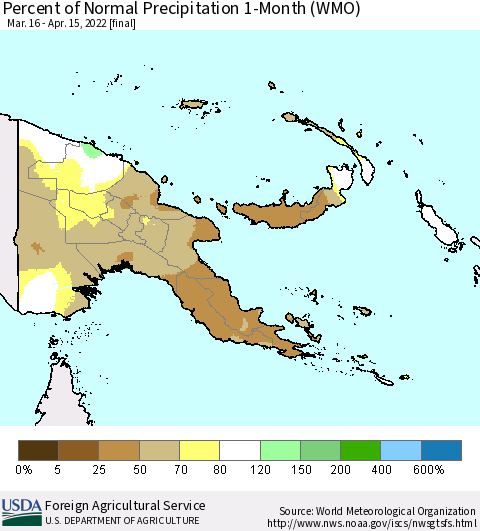 Papua New Guinea Percent of Normal Precipitation 1-Month (WMO) Thematic Map For 3/16/2022 - 4/15/2022
