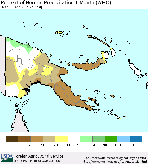 Papua New Guinea Percent of Normal Precipitation 1-Month (WMO) Thematic Map For 3/26/2022 - 4/25/2022