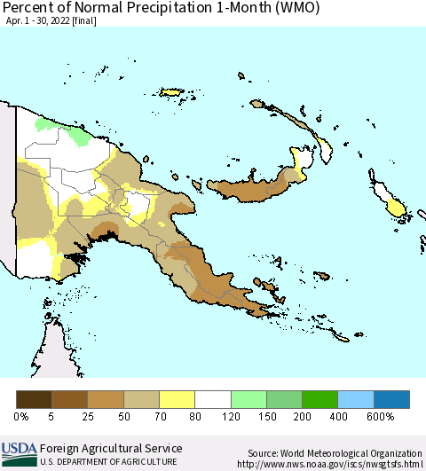Papua New Guinea Percent of Normal Precipitation 1-Month (WMO) Thematic Map For 4/1/2022 - 4/30/2022