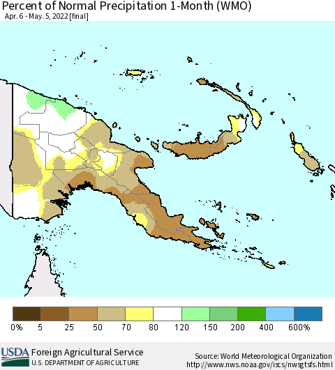 Papua New Guinea Percent of Normal Precipitation 1-Month (WMO) Thematic Map For 4/6/2022 - 5/5/2022