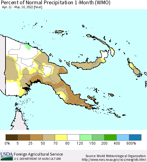 Papua New Guinea Percent of Normal Precipitation 1-Month (WMO) Thematic Map For 4/11/2022 - 5/10/2022
