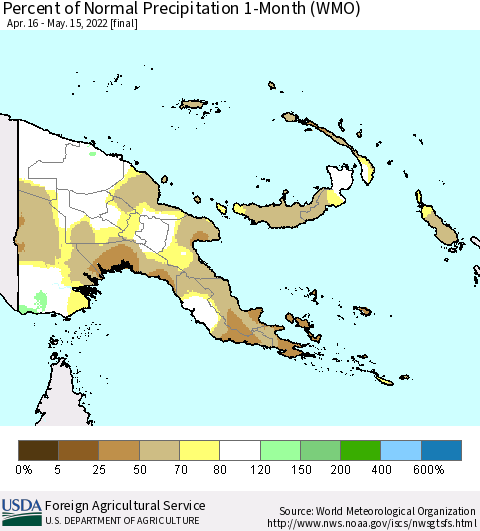 Papua New Guinea Percent of Normal Precipitation 1-Month (WMO) Thematic Map For 4/16/2022 - 5/15/2022