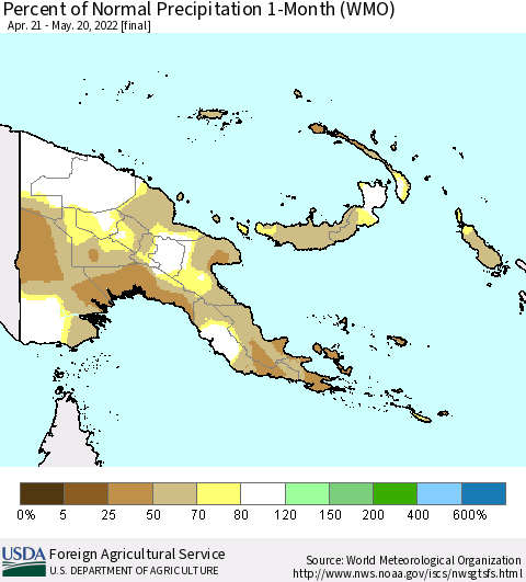 Papua New Guinea Percent of Normal Precipitation 1-Month (WMO) Thematic Map For 4/21/2022 - 5/20/2022