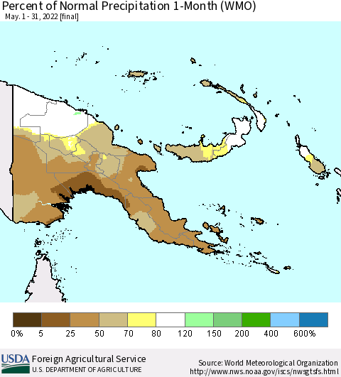 Papua New Guinea Percent of Normal Precipitation 1-Month (WMO) Thematic Map For 5/1/2022 - 5/31/2022