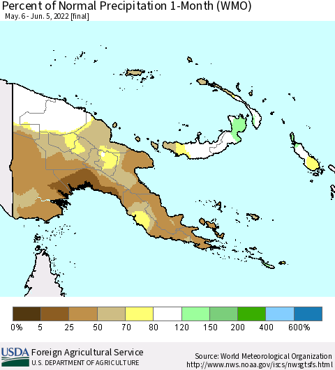 Papua New Guinea Percent of Normal Precipitation 1-Month (WMO) Thematic Map For 5/6/2022 - 6/5/2022