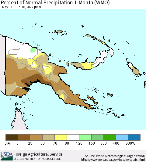 Papua New Guinea Percent of Normal Precipitation 1-Month (WMO) Thematic Map For 5/11/2022 - 6/10/2022